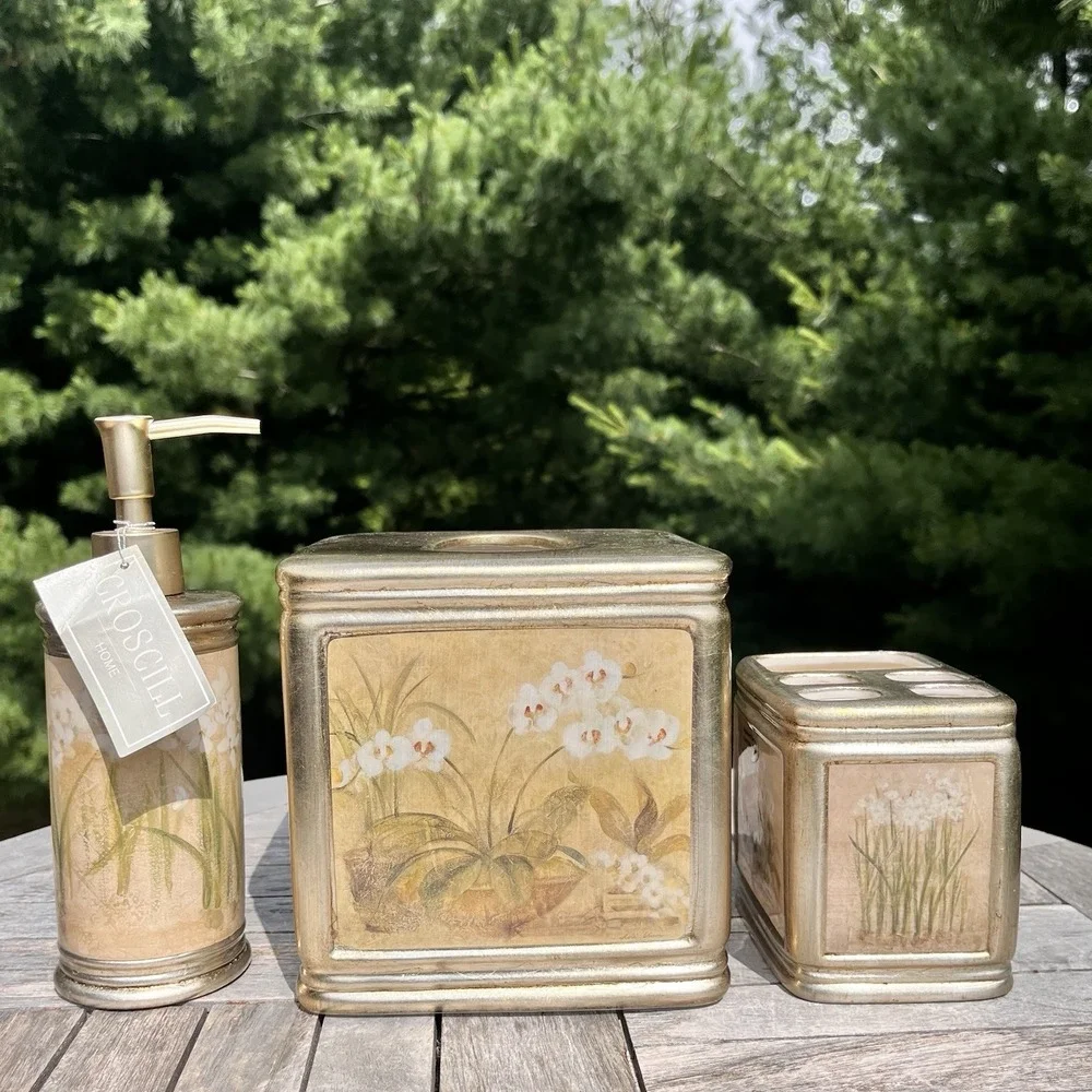 Croscill Narcissus Orchid Gold 3 Piece Bathroom Set Soap Pump Tissue Toothbrush